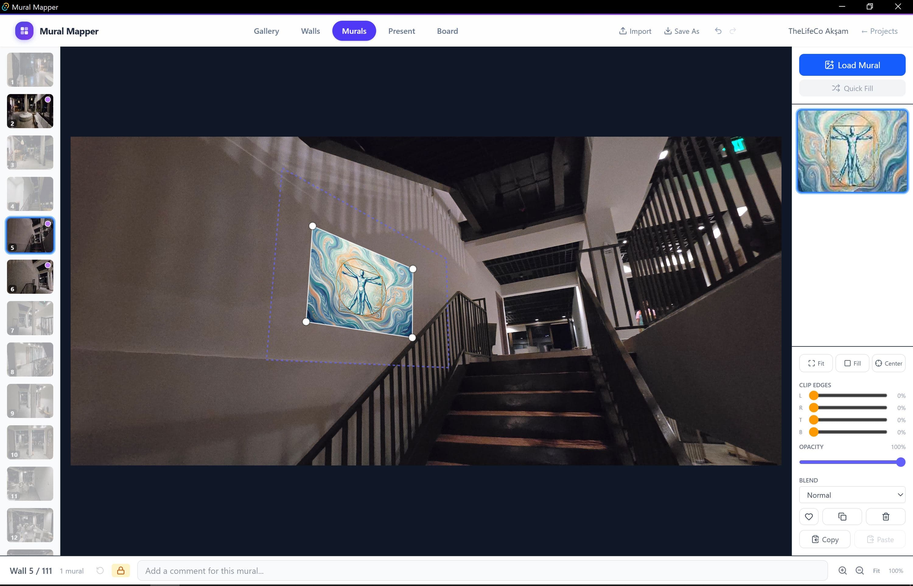 Murals tab — place and adjust artwork with live preview