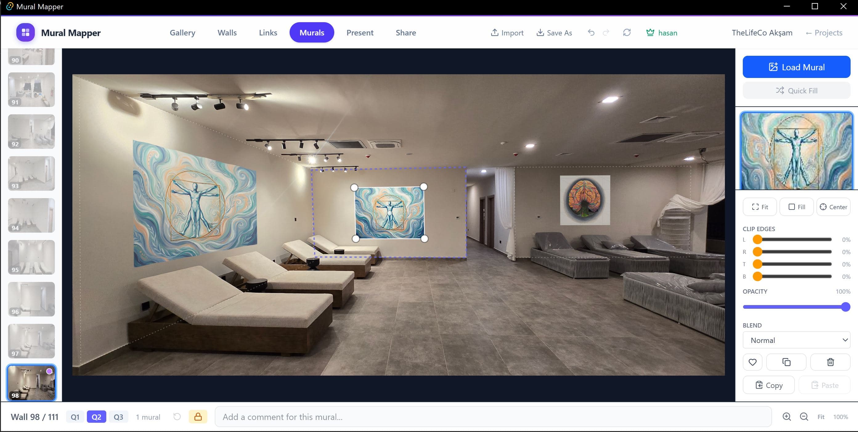 Place murals with live preview and editing controls